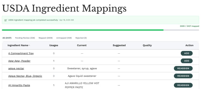 USDA Ingredient Mappings page with the progress bar and status tabs