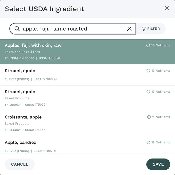 The Select USDA Ingredient search window