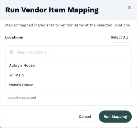 The Run Vendor Item Mapping window with the location list