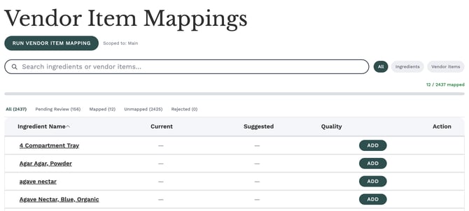 Vendor Item Mappings page with search, scope buttons, progress bar, and status tabs