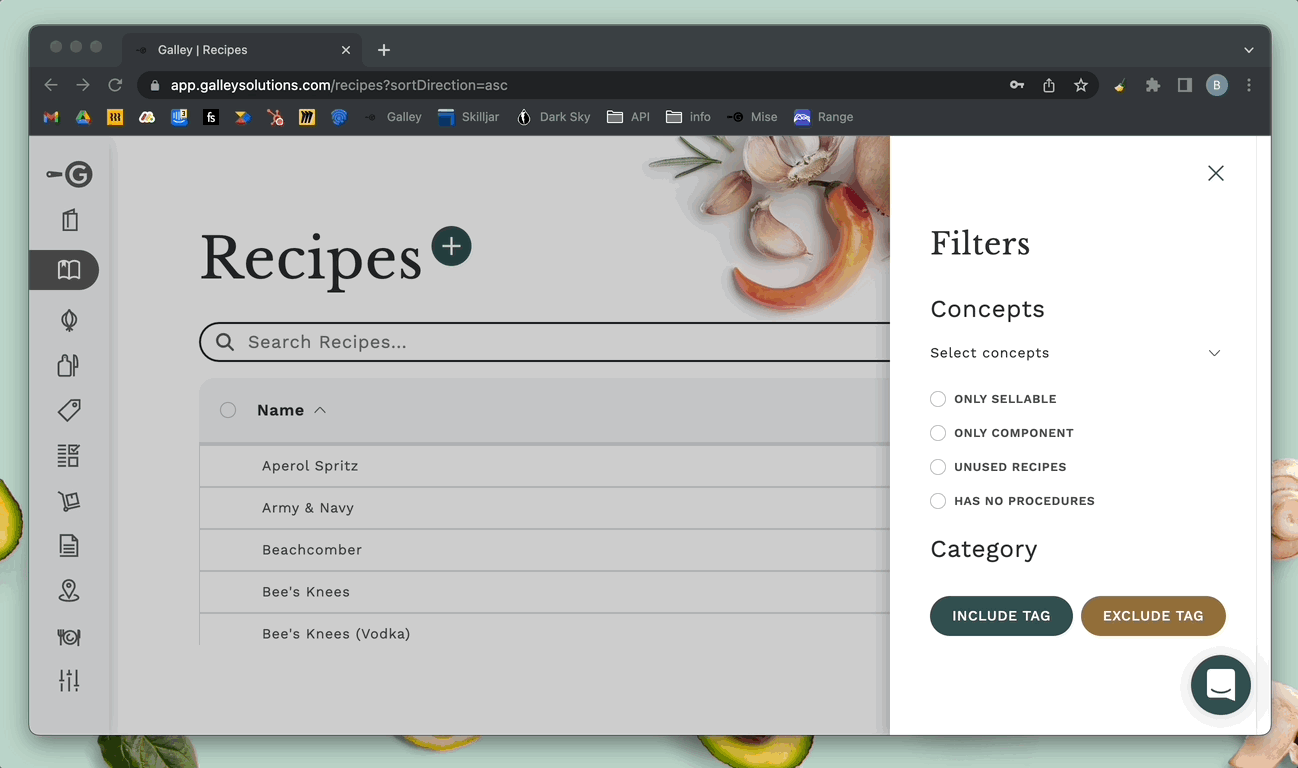Recipe catalog filters