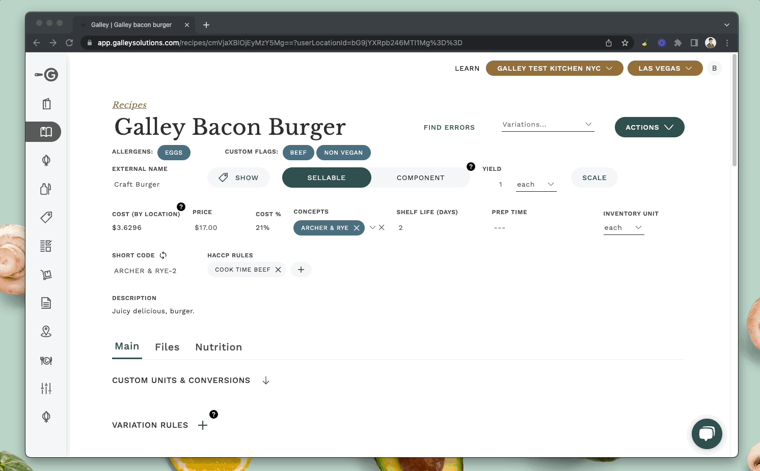 How do I view a recipe's cost at a specific location?