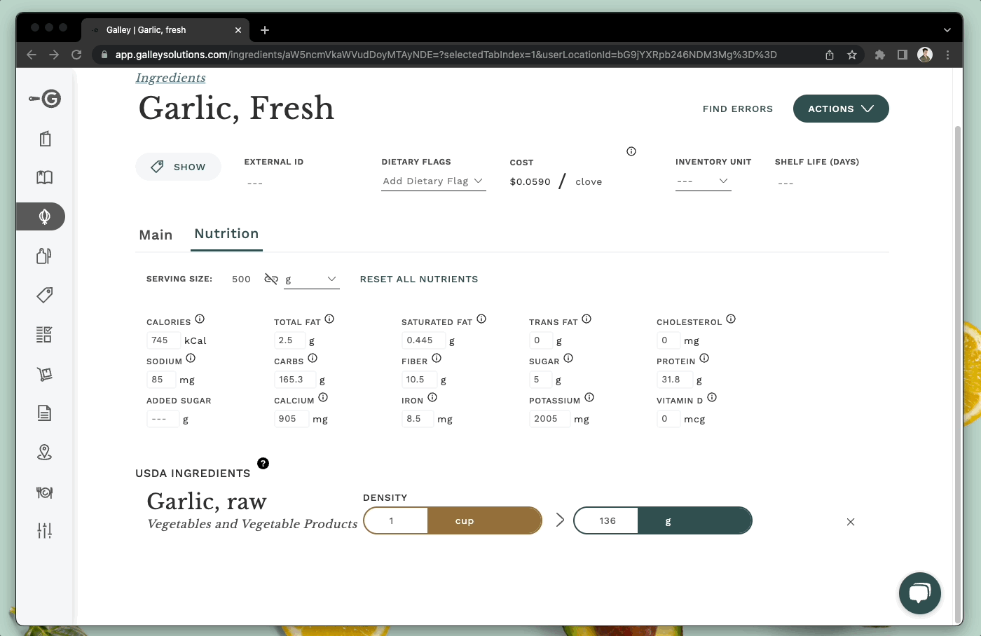 How do I update the ingredient serving size for a nutrition label?