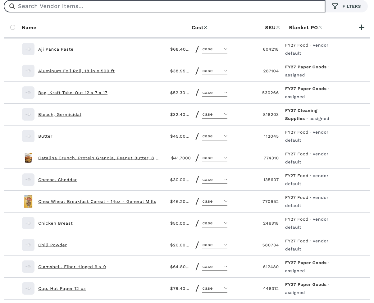 The Vendor Items table with the Blanket PO column: rows reading "FY27 Food · vendor default" and rows reading "FY27 Paper Goods · assigned" and "FY27 Cleaning Supplies · assigned" in bold. (Three dashes appear only when the vendor has no all-items blanket PO.)