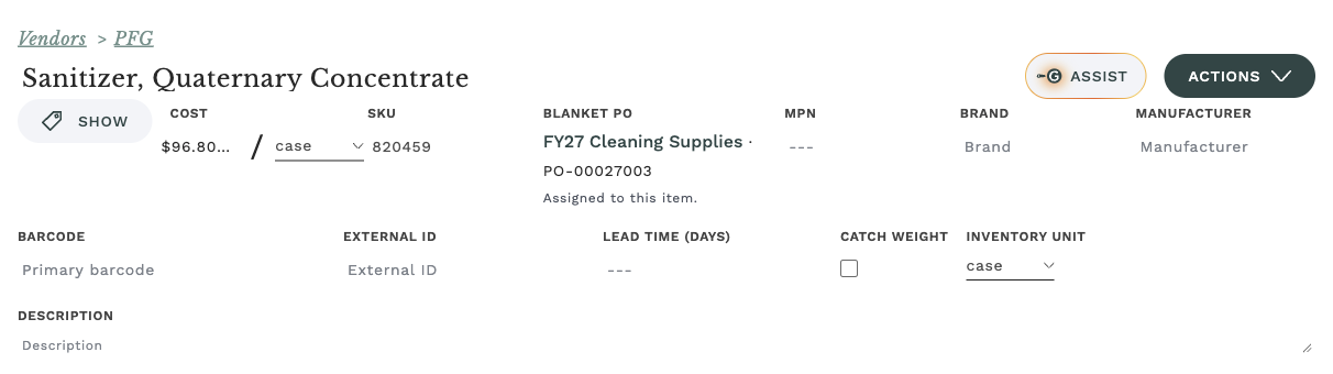 A vendor item page: the read-only BLANKET PO field next to COST and SKU, reading "FY27 Cleaning Supplies · PO-00027003" and "Assigned to this item."
