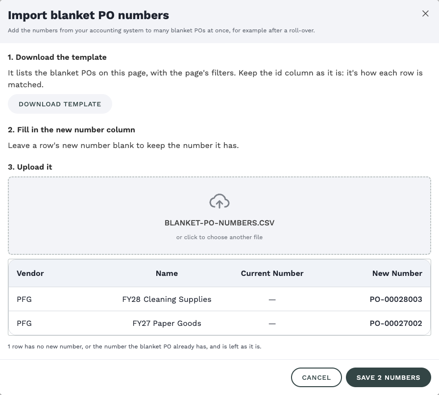 The Import blanket PO numbers window after a file is uploaded: the preview of two numbers to set (vendor, name, current number, new number), the note about the row left as it is, and the "Save 2 numbers" button.