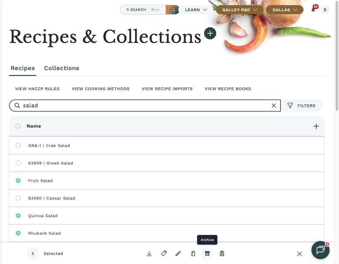 Catalog page with several rows selected and the Archive option visible in the bulk actions bar