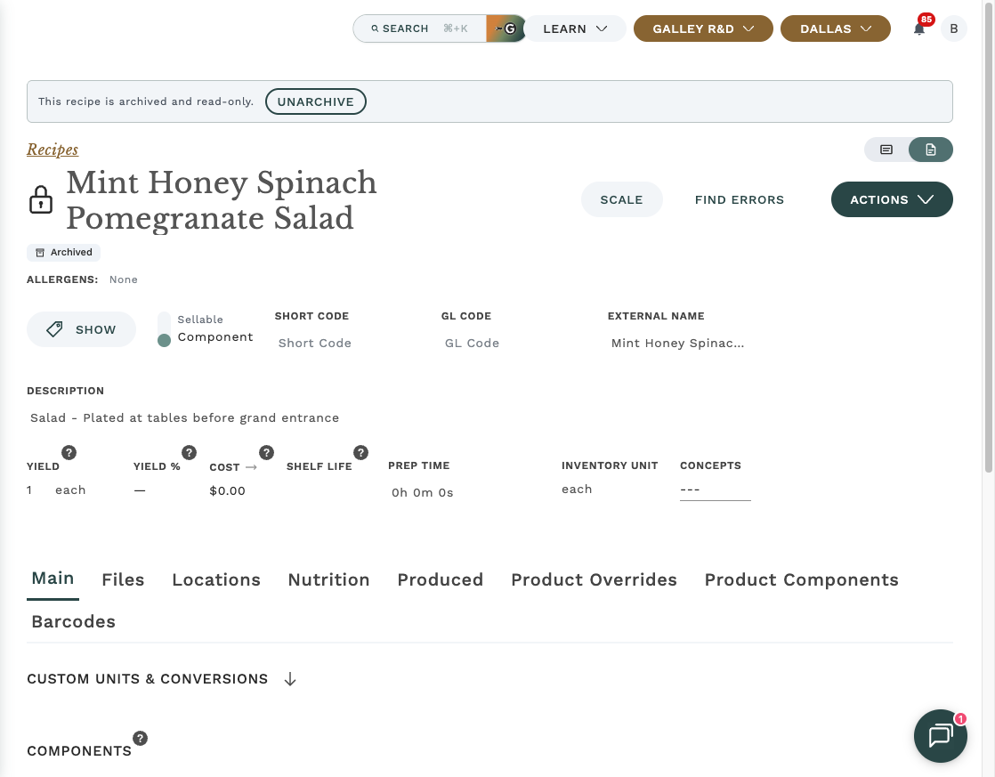 An archived recipe page showing the Archived tag, the read-only notice and the Unarchive button