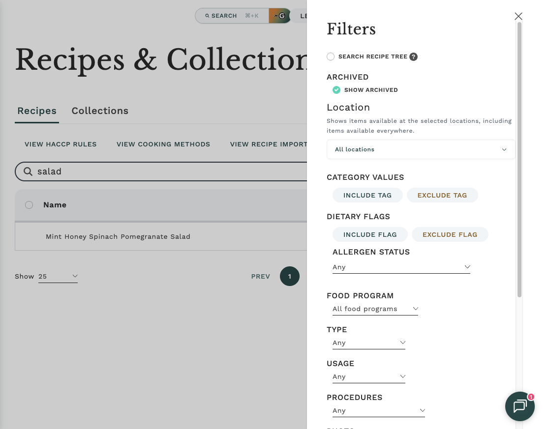 Catalog filters with the "Show archived" checkbox turned on and only archived rows listed