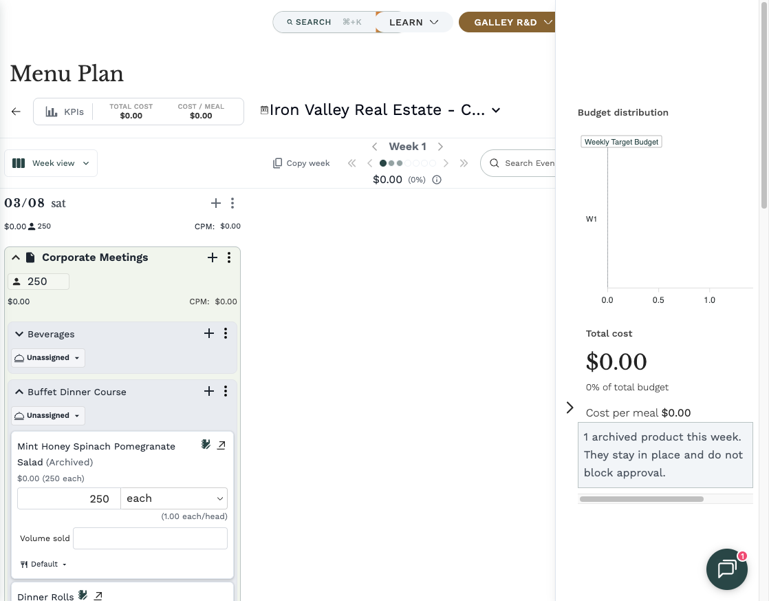 A menu plan card with a grey "(Archived)" marker and the sidebar line about archived products